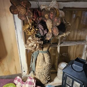 Primitive Rustic Fabric Flower Bouquet in Fabric Sac Vase